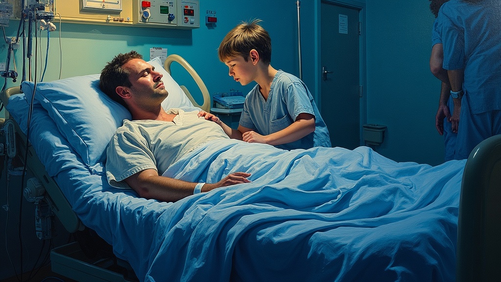 A neurosurgeon lying unconscious in an ICU bed on a ventilator, surrounded by medical equipment, his 10-year-old son pulling open his eyelids while doctors and family stand nearby in a sterile hospital room.