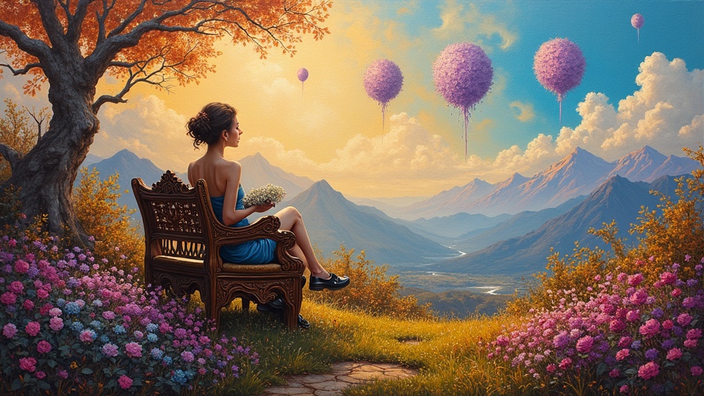 A woman sitting on an ornate handcarved bench in an otherworldly garden with flowers exploding in impossible colors, three violet orbs hovering in the sky above, other young souls visible in pairs in the distance, mountains rising beyond.