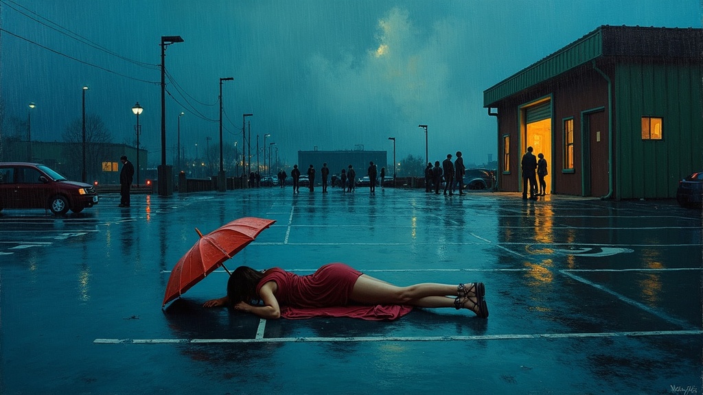 A woman lying on wet pavement in a parking lot during a rainstorm, an umbrella a few feet away, the soles of her shoes burned off, her feet visible, people beginning to emerge from a building in the background.