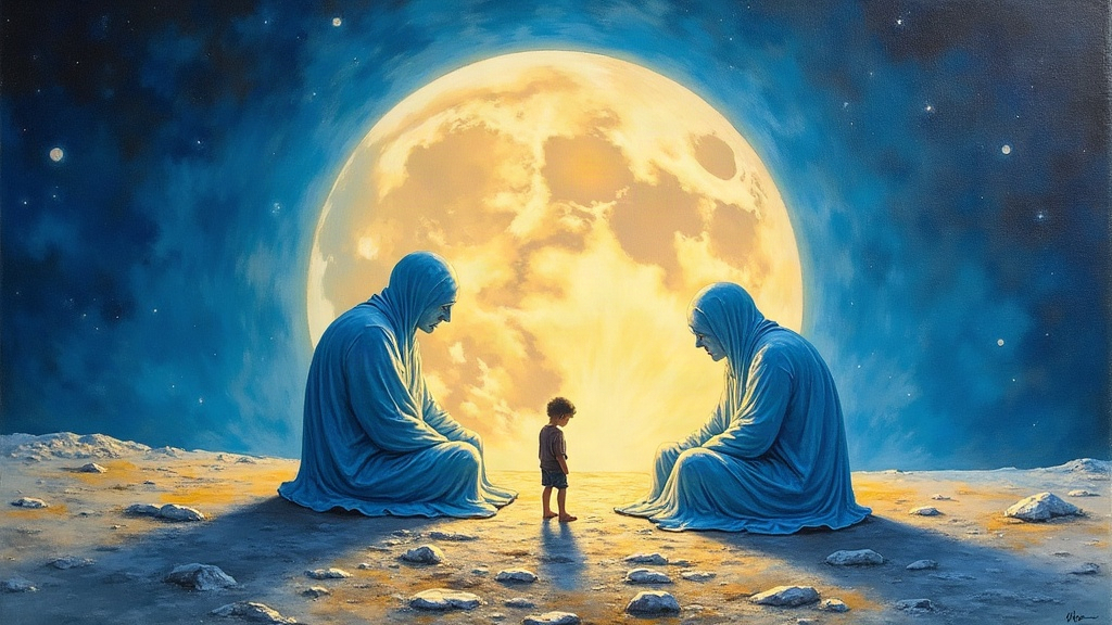 Three giant skyscraper-sized beings made of flowing blue-white light without faces, sitting on craters of the moon, one leaning down toward a small child standing before them, surrounded by vivid full-spectrum light bouncing off lunar landscape.