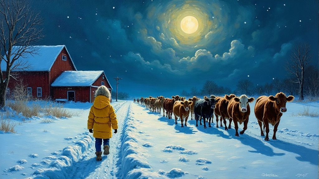 A ten-year-old girl in a yellow jacket walking through deep snow on a Wisconsin farm at night during a winter storm, full moon overhead, leading a group of cows toward a barn, stumbling and giggling as hypothermia sets in.