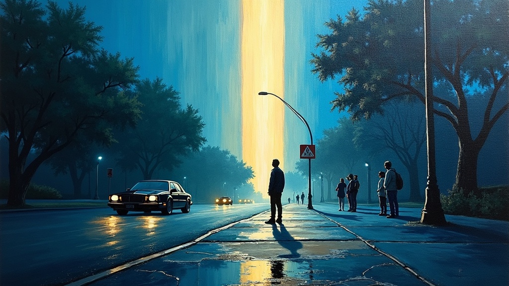 A man standing on a sidewalk in Austin, Texas, looking up at a massive column of light shining down from above, with pedestrians watching in confusion as a speeding car approaches