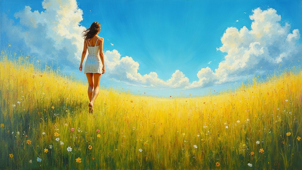 A woman walking on vibrant green grass under a perfect summer blue sky, approaching a gathering of souls at a summer barbecue scene, her grandmother greeting her with open arms, warm embraces and reunion with loved ones from this life and past lives, feeling of pure harmony and joy.