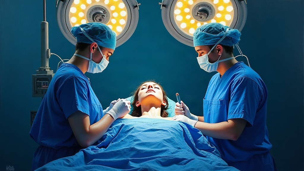 A woman lying on an operating table in a surgical room, anesthesia mask being placed over her face, medical staff in blue scrubs around her, bright overhead surgical lights, moment of transition between consciousness and the other side.