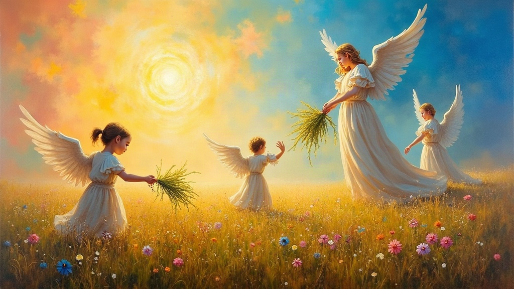 A vast luminous field where children with oversized blue eyes work with grass and flowers, materializing buildings and objects through their hands, while two enormous 2.5-meter-tall angels guide a small spirit form through the scene, and a pulsing rainbow light grows larger in the distance