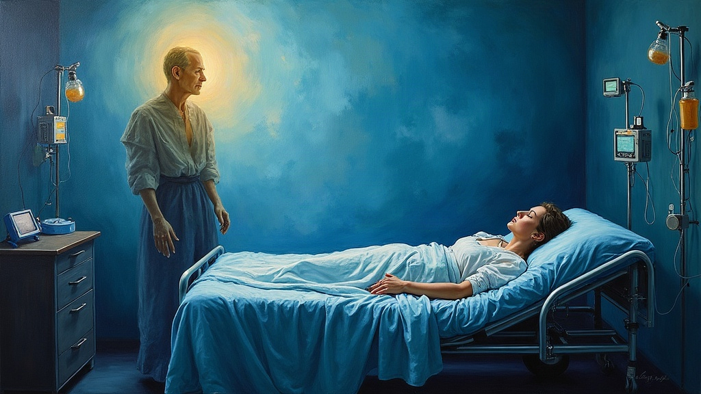 A woman lying on a hospital stretcher in semi-intensive care, surrounded by medical equipment and IV lines, while her translucent spirit form stands 50 meters away observing her body, with deceased family members visible in the room's shadows