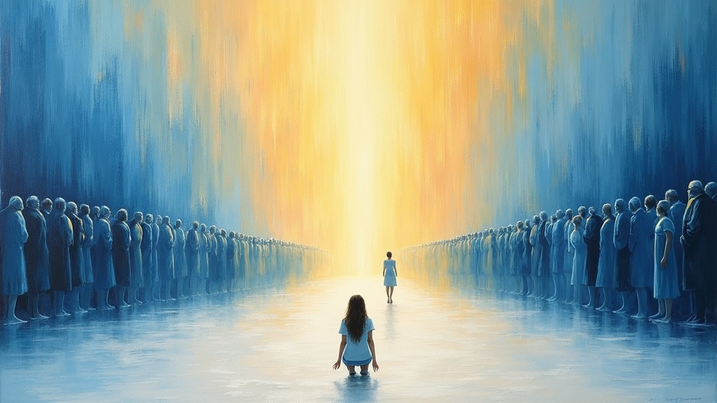 A woman kneeling on a white floor surrounded by hundreds of people emerging from an incredibly bright blue-white light, with her great-grandmother stepping forward to tell her she has died.