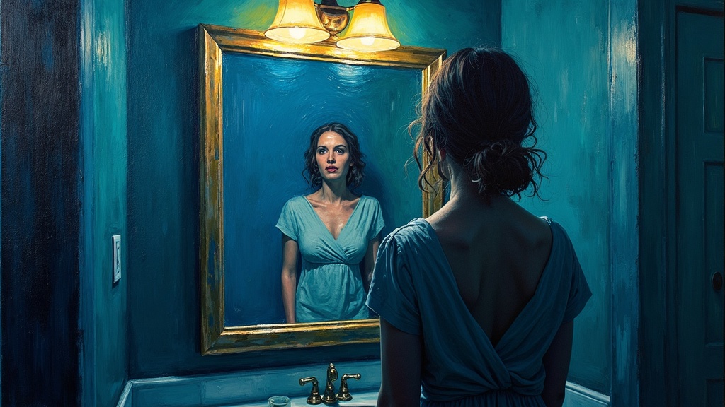 A woman standing in front of a bathroom mirror at a dinner party, feeling chest pressure and struggling to breathe, with a sense of knowing she is about to die.