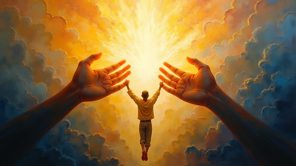 A brilliant, impossibly bright light that does not burn, from which emerge hands and arms reaching toward a broken, wounded man, healing him instantly as he is lifted up and held in an embrace of pure, overwhelming love.