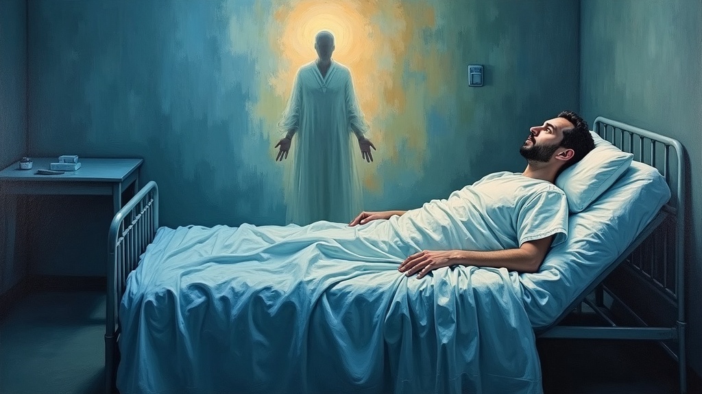 A man lying in a hospital bed in a gray, dimly lit French hospital room, his body mostly covered by a white sheet, while his translucent spirit form stands beside the bed looking down at his own physical body in confusion and horror.