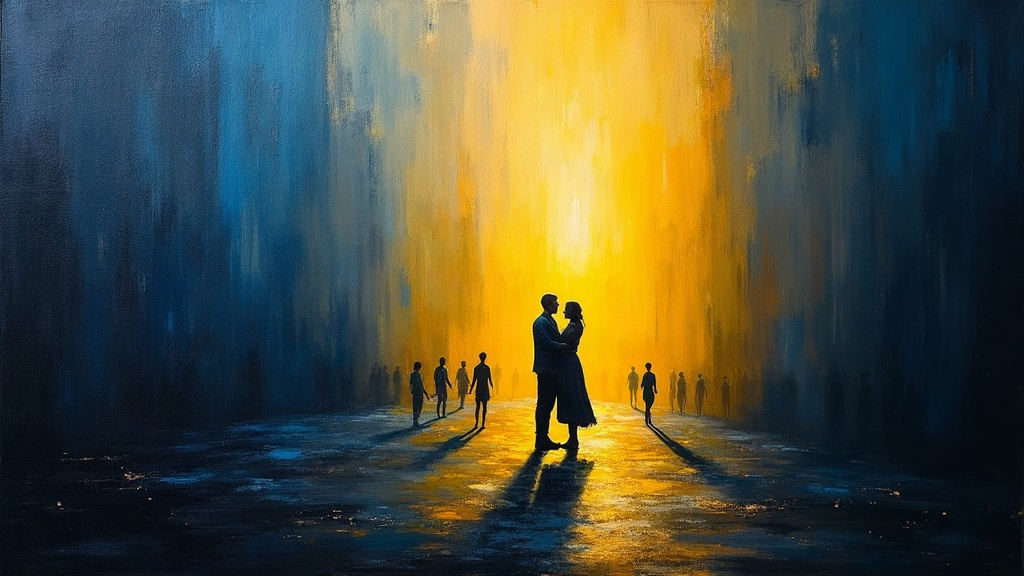 A dark, vast space with distant shadows of figures passing, one figure standing very close speaking with a familiar voice, a sense of being held and cherished in profound darkness with a distant light barely visible.