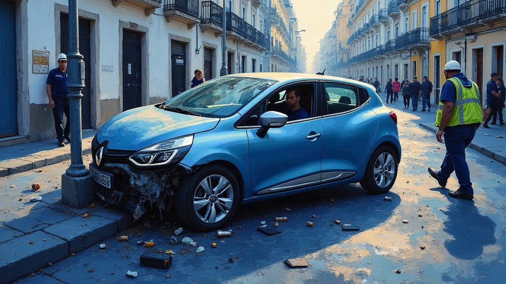 A small Clio car crushed against a pole on a wide Lisbon avenue, the passenger side door crumpled by a BMW's front end, the roof being sawed open by rescue workers, a map still visible inside the wreckage.