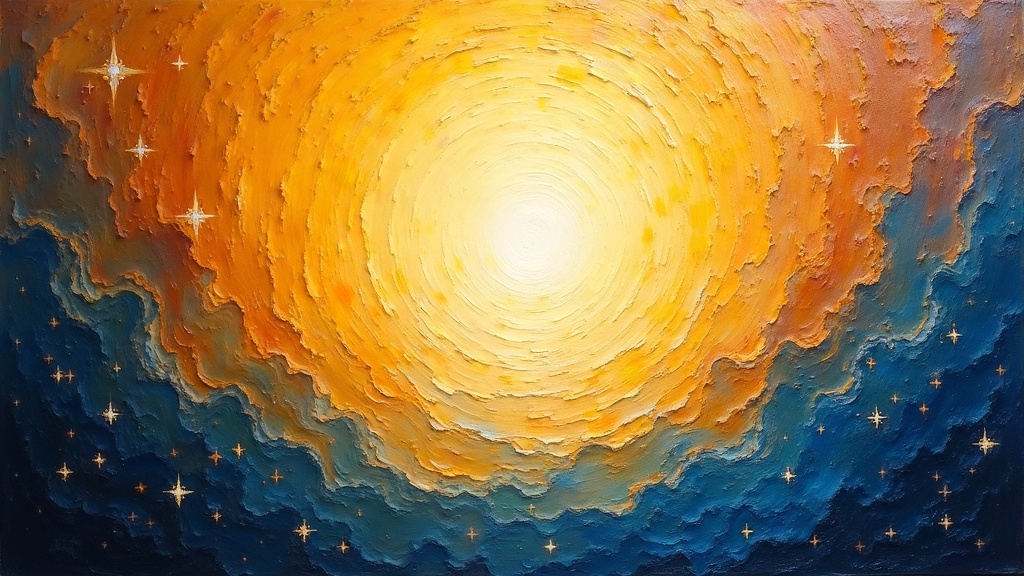 A realm of pure bright light where a small consciousness dissolves into oneness, surrounded by star-like figures shining in different colors, a sense of absolute peace and homecoming.