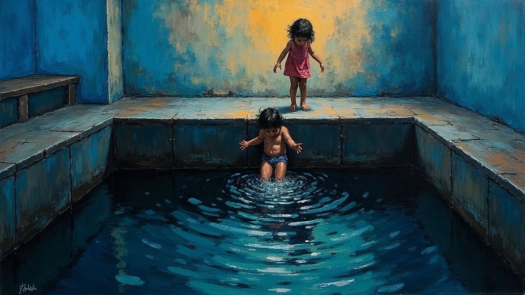 A small child falling into a dark cement water tank in a patio in Bogota, Colombia, with her sister watching helplessly from above, early morning light casting shadows.