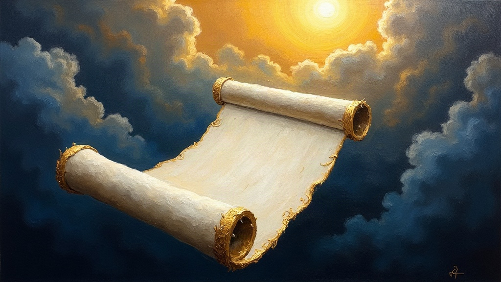 A white scroll with gold trim floating in pitch-black darkness, a contract requiring a blood signature, with three bright figures visible in clouds above