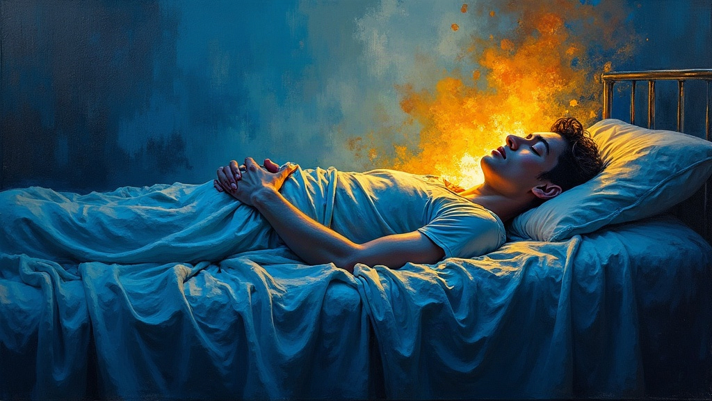 A young man lying in bed burning with fever, his soul being violently ripped out of his body, falling rapidly through darkness