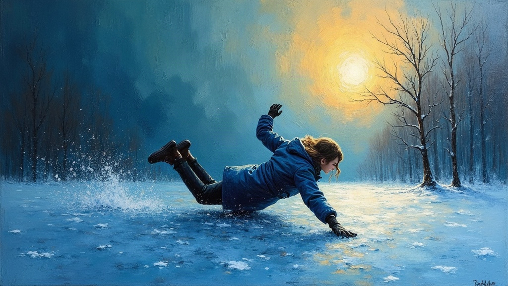 A community nurse falling head first onto ice after slipping at work, feet straight up in the air, the moment of impact on a cold winter day