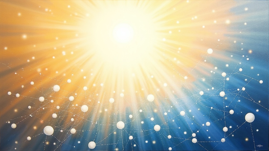 A vast space filled with brilliant white light, with small balls of white energy (souls) floating and connected by thin, iridescent threads of light, creating a web of interconnection