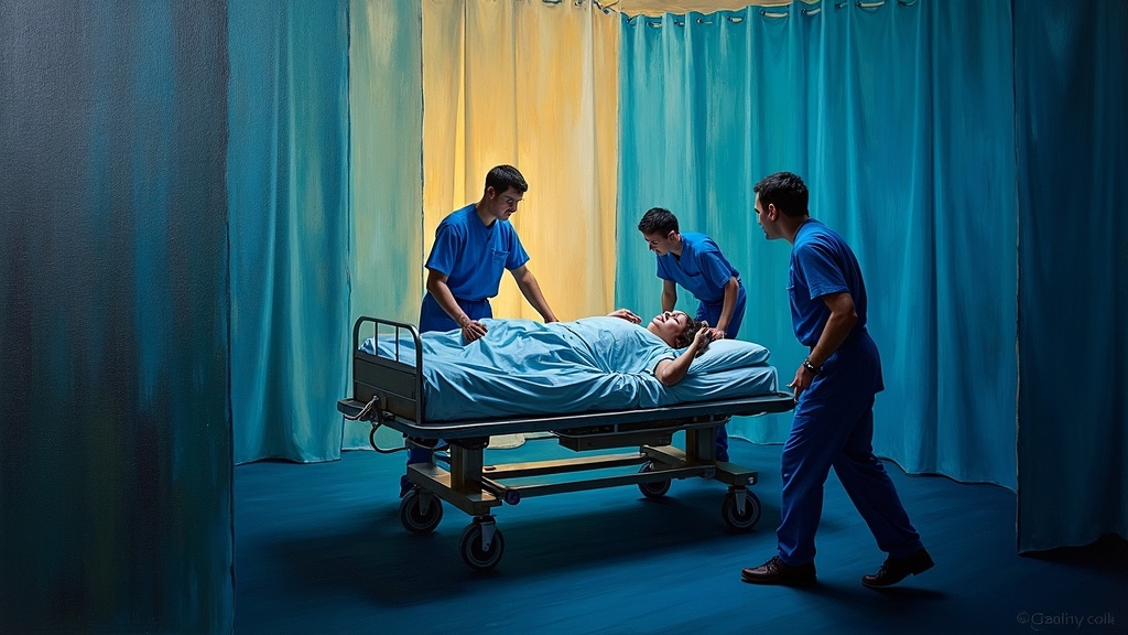 A woman lying on a hospital gurney in a curtained emergency room area, convulsing, with medical staff moving around her in concern, the scene viewed from above near the ceiling