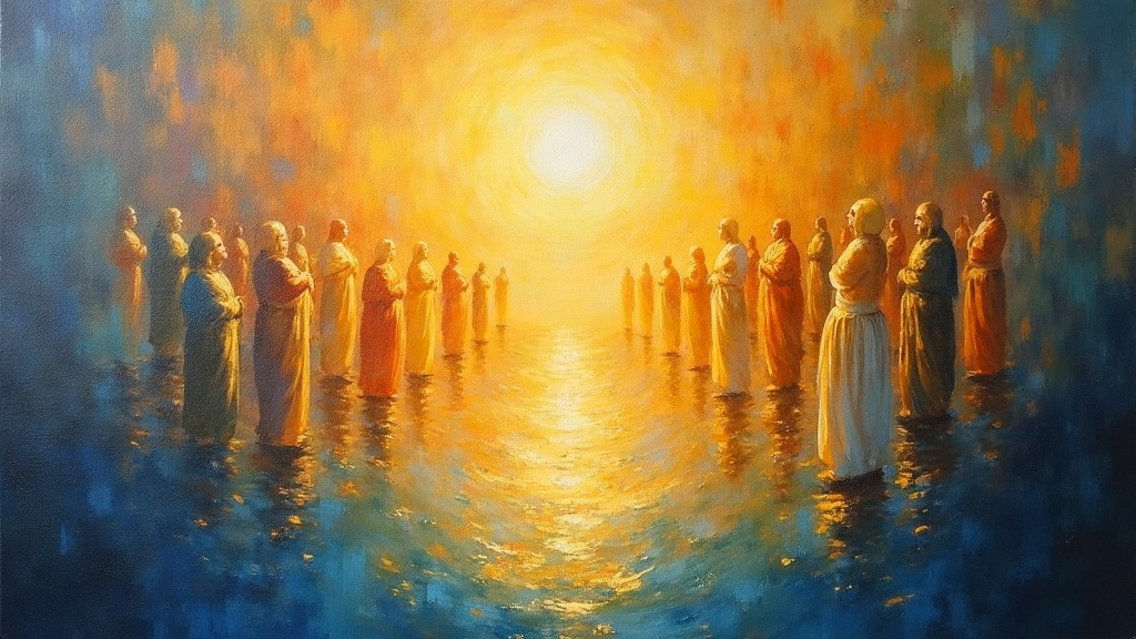 A luminous being of light appearing in seventeen different forms simultaneously, each interpretation unique yet emanating the same all-knowing, all-loving presence, with cultural symbols and individual perceptions blending in a transcendent space