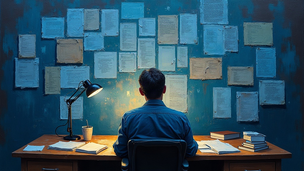 A counseling professor sitting at a desk surrounded by thousands of questionnaires and interview transcripts, reading accounts of near-death experiences with focused attention, warm office lighting
