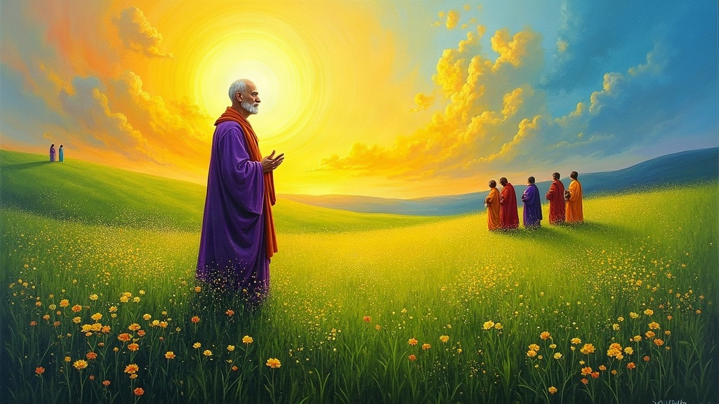 A beautiful green meadow glowing with golden light, with flowering plants radiating light from within, and on a low hill in the distance, a group of figures in colorful robes, one tall man in a purple robe with a bald head and white hair, his face radiating wisdom and compassion.