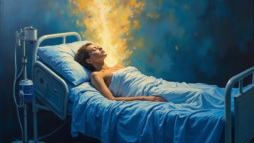 A young woman lying on a hospital bed during childbirth in 1952, her soul rising from her chest through her head with a visible whoosh, leaving her body behind as a doctor works urgently.
