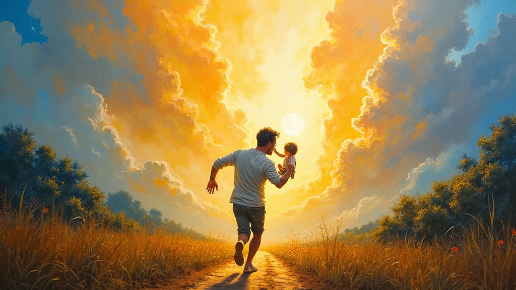 A man running joyfully through an impossibly beautiful landscape, feeling the ground beneath his feet, then sweeping up his infant son from a crib in a corridor of light, smelling the child's hair as loving cosmic arms wrap around them both.