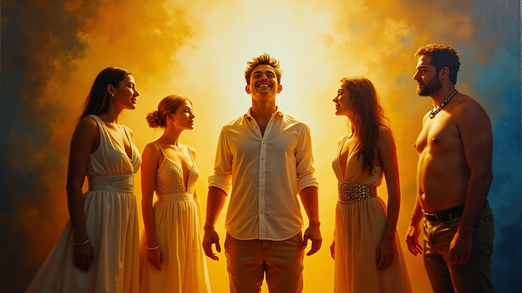 A glowing light room where a young man in his early twenties, radiating joy and energy, stands beside three luminous beings, two women in Victorian clothing and one man in tribal attire, all surrounded by soft white light.