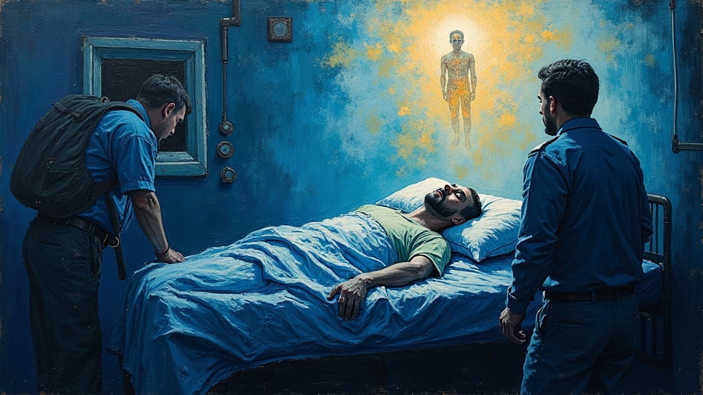 A man lying unconscious in an ambulance, paramedics working frantically over his body, while his translucent spirit form hovers above near the ceiling, looking down at the scene with clarity and peace.