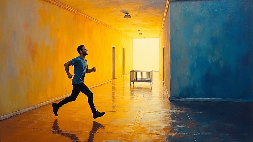 A man with two legs running joyfully through a beautiful, familiar place that feels like home, laughing gleefully, feeling the energy of the ground beneath his feet, while a corridor with a crib at the end glows in the distance.
