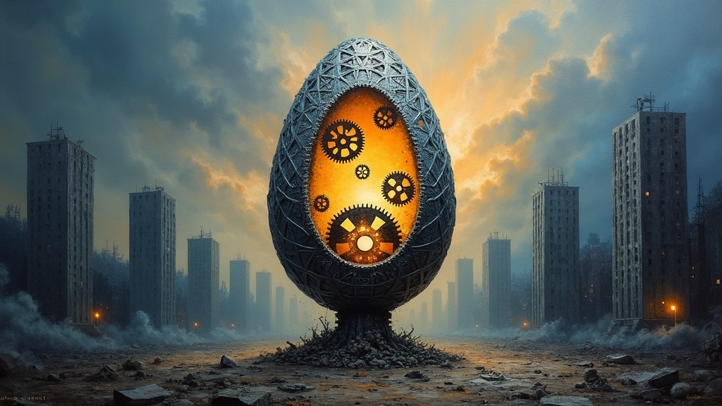 A large egg-shaped sculpture made of intricate metal latticework standing against a dark, stormy sky in a gray, post-apocalyptic ruined cityscape. Inside the egg, ghostly sector gears with teeth float and pivot freely in space, some solid and definite, others translucent, slowly whirling and passing through each other.