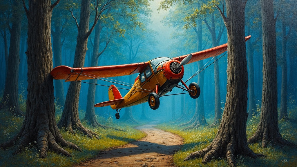 A vintage 1933 Flying Flea aircraft, resembling a whimsical soapbox derby car with two large wings and a motorcycle engine, crashing through a dense forest at 70 miles per hour, wings breaking off against tree trunks, leaving scratch marks on the bark, matchstick debris scattered around.