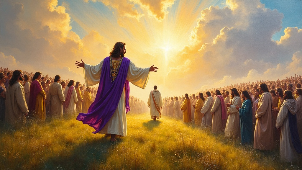 Jesus walking through a parted crowd in a vast valley, wearing a purple priestly robe with golden sash and precious stones, his eyes like living waters of light blue and green and gold, arms outstretched toward a man standing alone on a grassy hilltop, every blade of grass swaying in worship, millions of people in unique white robes watching with joy.