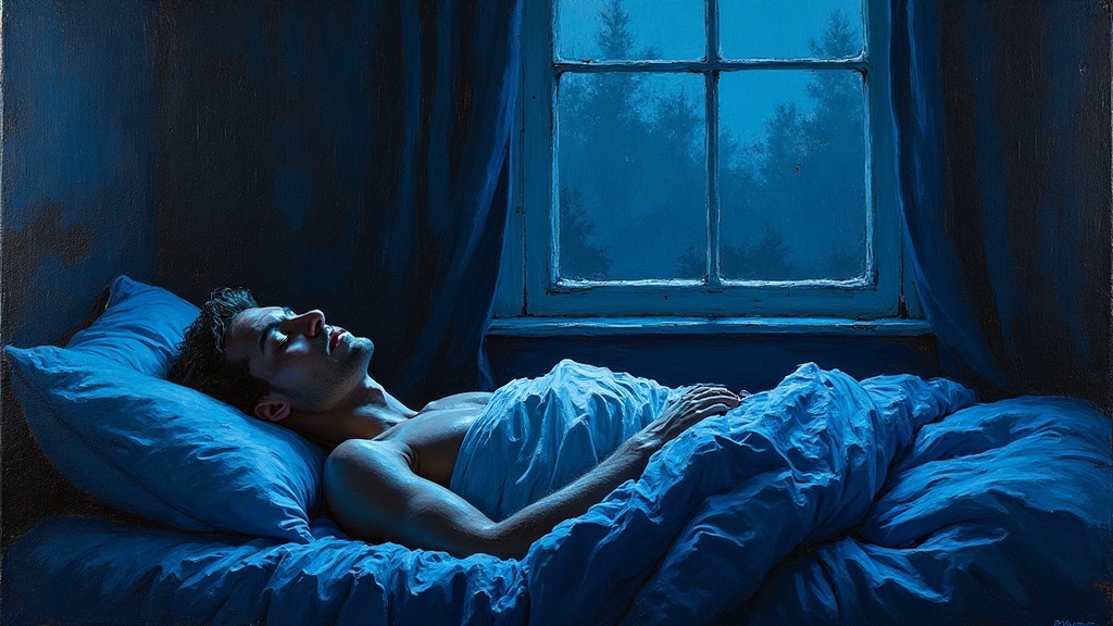 A man lying peacefully in bed at night, eyes closed, bedroom window visible with darkness outside, the moment before instant transportation to another realm.