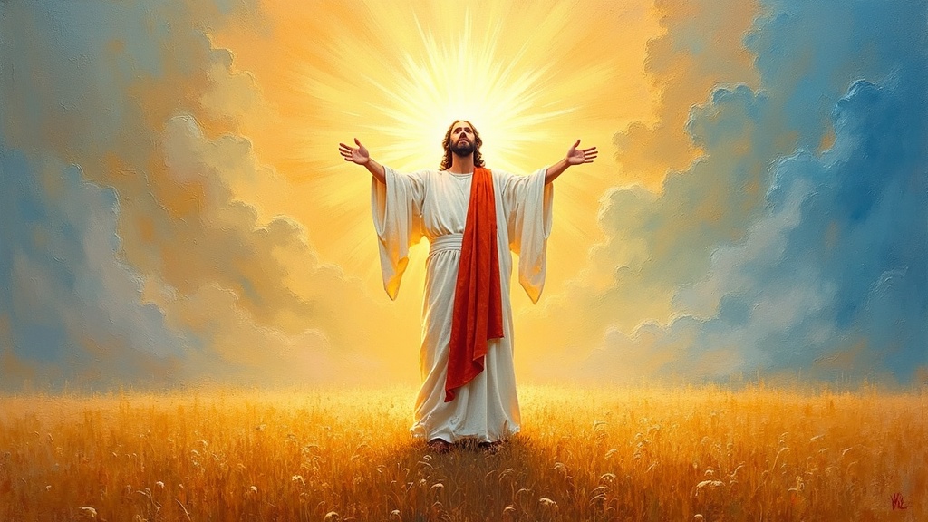 A brilliant figure in white robes with a red sash stands in an open field, so bright his face cannot be seen, lifting his hands to deliver a message, radiant light emanating from his form