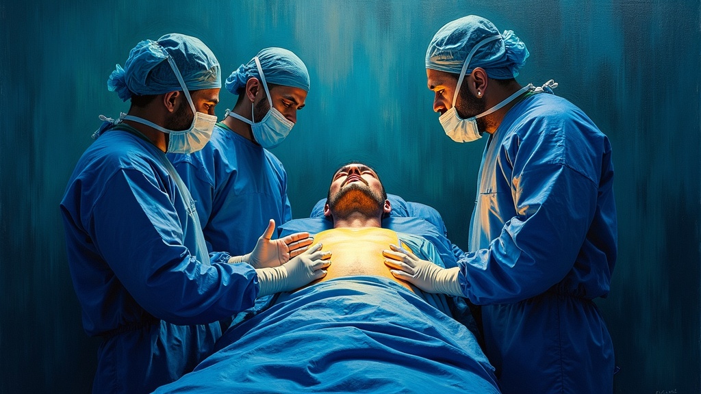 A man on an operating table, medical team surrounding him, the moment anesthesia reaches his heart and it stops beating, clinical hospital setting