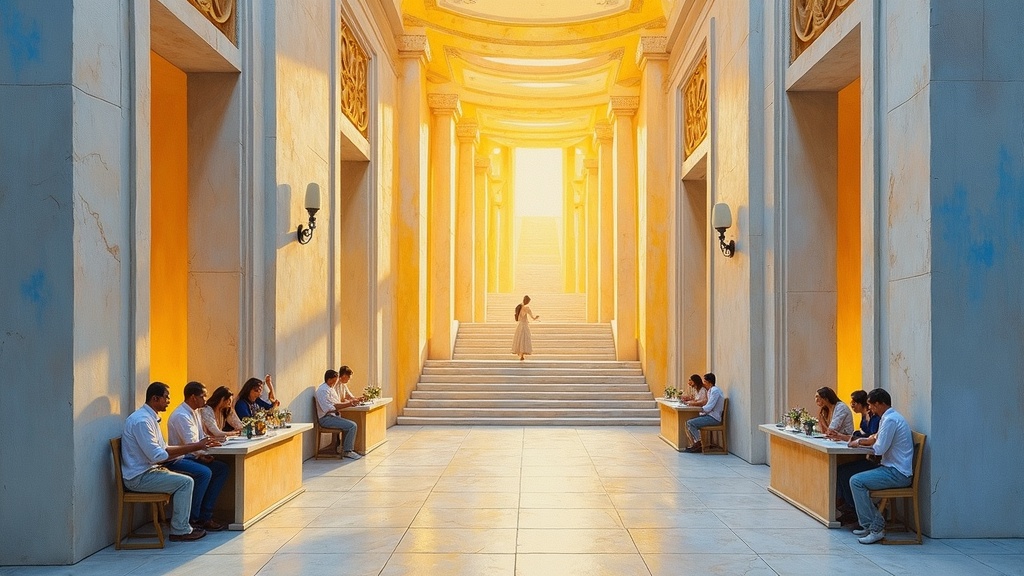 An endless marble corridor with ornate doorways cut into white stone, tables with counselors and newly arrived souls, and beyond them descending marble steps leading to impossibly beautiful gardens where people embrace in reunion
