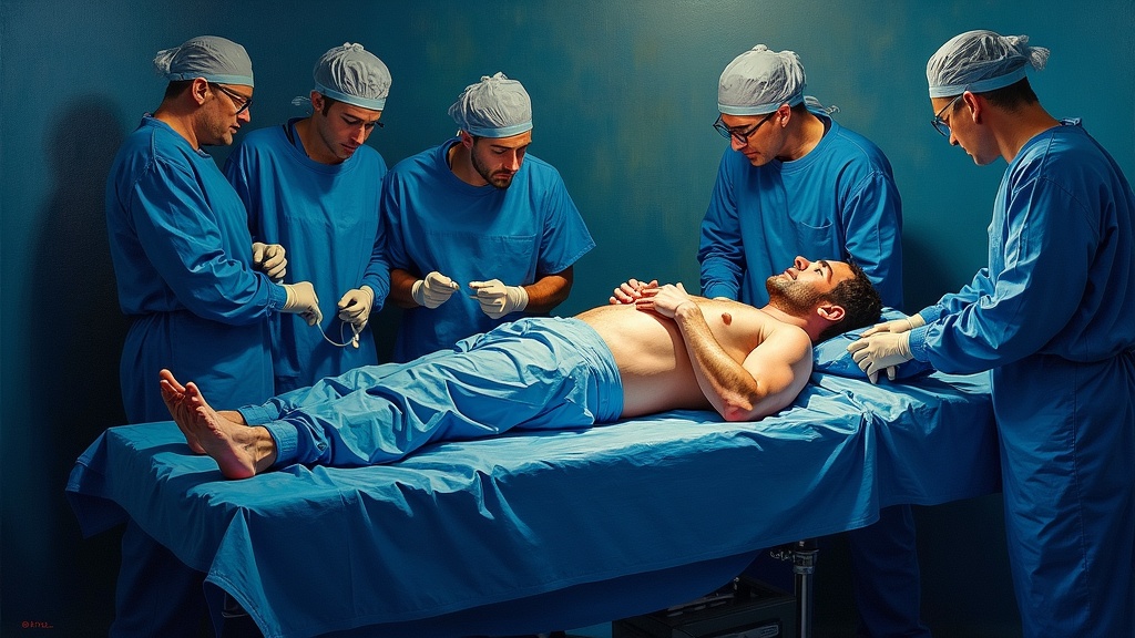A man lying on an operating table as anesthesia flows through an IV into his arm, doctors and nurses surrounding him, the moment his heart stops during surgery