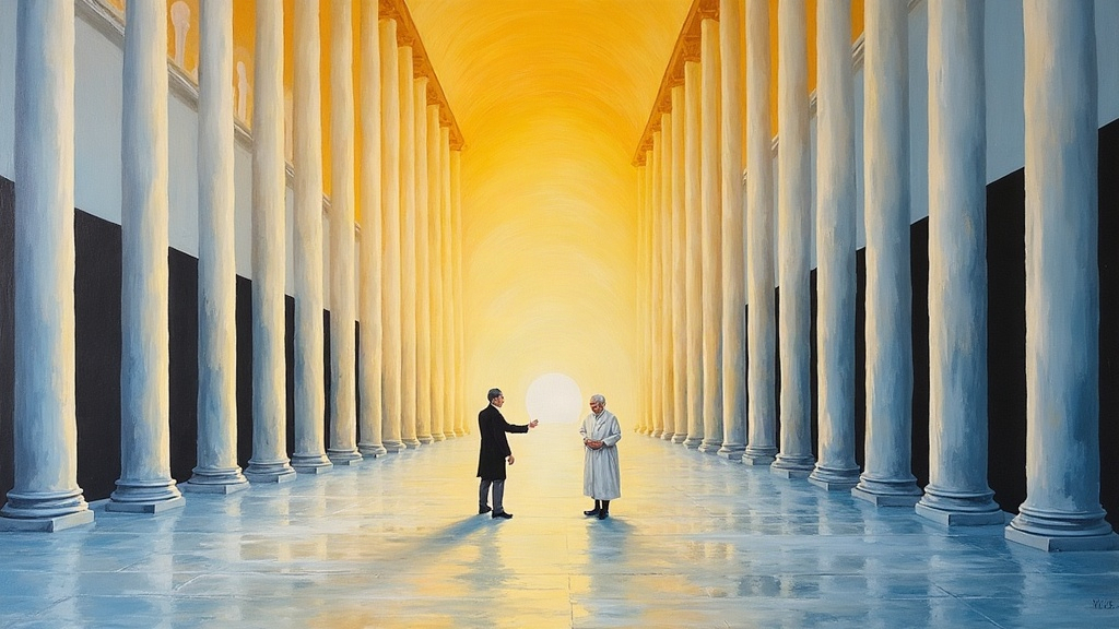 A vast marble building with white polished columns stretching for miles, black tunnel openings on one side, small tables with two counselors at each, and an elderly man emerging from a tunnel with his hand on his chest, beginning to transform into his younger eternal self as a counselor reaches out to welcome him home.