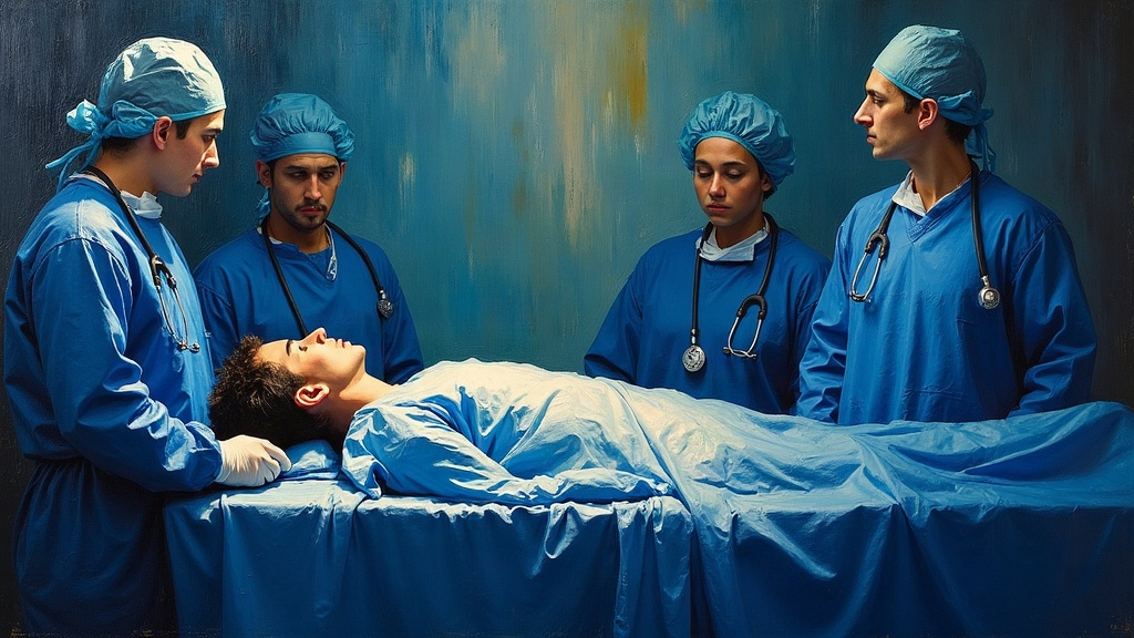 A young man lying on an operating table in 1987, medical staff surrounding him, his heart stopped from an allergic reaction to anesthesia, the moment before his consciousness leaves his body.