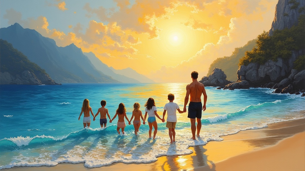 A man hovering above a pristine beach cove, looking down at his father standing knee-deep in crystal-clear water with seven children holding his hands in a line. Mountains rise in the background under a sun with visible flares, and warm air lifts the flying observer.