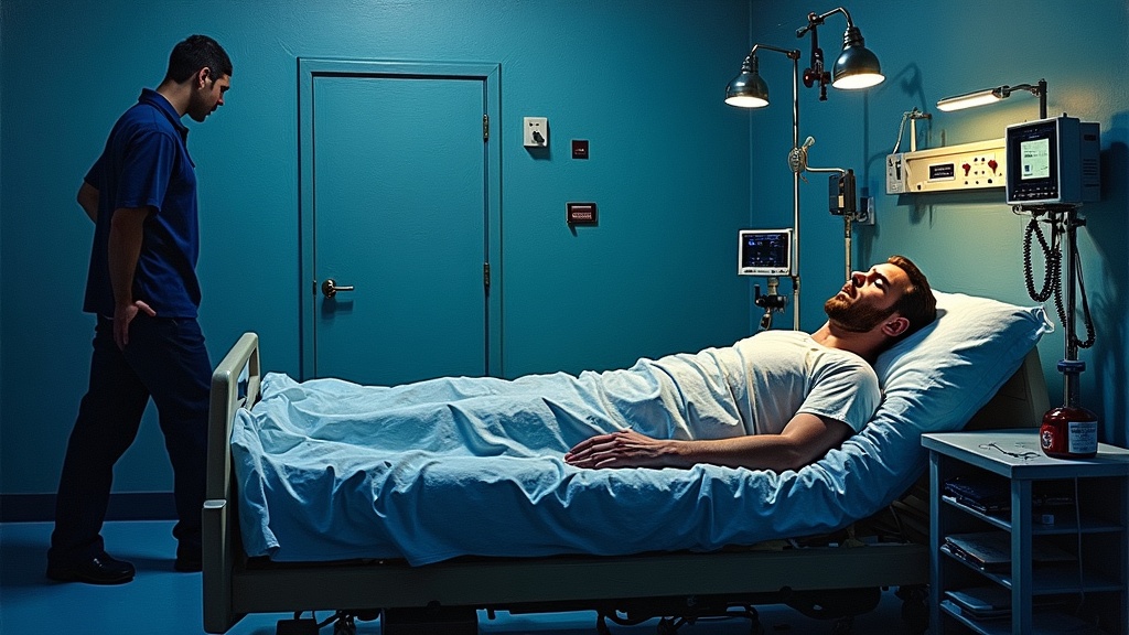 A man lying on a hospital bed in an emergency room, struggling to breathe with broken ribs, while a shadow stands motionless by the door. Medical equipment surrounds him as he waits in fear and shame.
