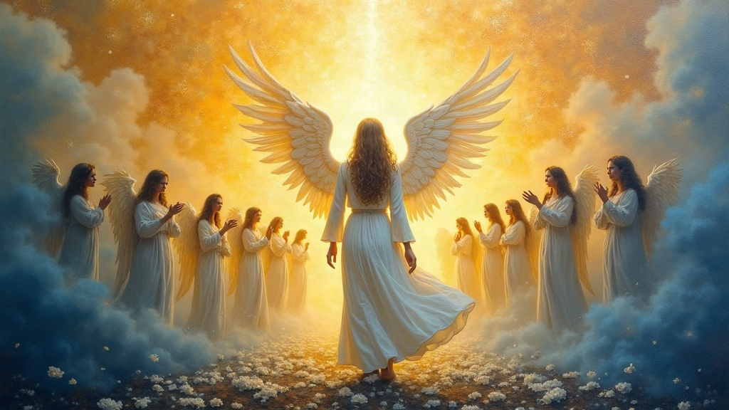 A woman surrounded by countless beings of light and angels in the Angelic Realms, bathed in white light and energy as they heal her spirit while she argues about returning to Earth.