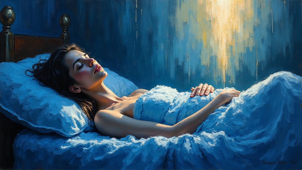 A 21-year-old woman lying in bed after taking an overdose of pills, her spirit beginning to lift upward as guides and angels appear around her in soft, shimmering light.