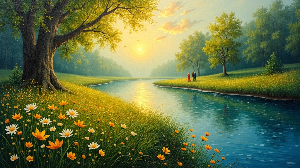 A lush green meadow with brilliant, iridescent flowers and trees glowing from within, a river glistening with inner light, deceased family members standing on the far bank smiling and waving in reunion.