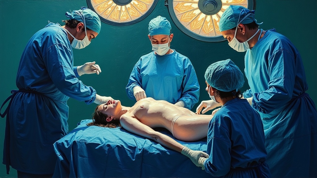 A woman's pale body being flipped from face down to face up on an operating table, surgeons in chaos, a nurse rushing out the door, viewed from above near ceiling tiles.