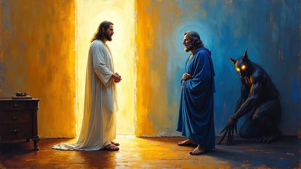 A tall man in spirit form standing face to face with Jesus Christ in a living room, Jesus wearing a white tunic and blue robe with brown sandals, emanating pure light and unconditional love, while two demonic creatures with yellow eyes and talons retreat through the wall