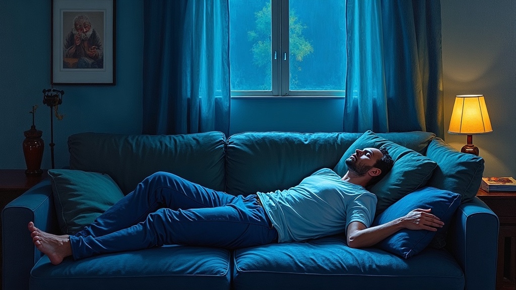 A man lying unconscious on couch cushions on a dark living room floor at midnight, his spiritual body standing over his physical body looking down, the room appearing brightly lit with no shadows even though all the lights are off