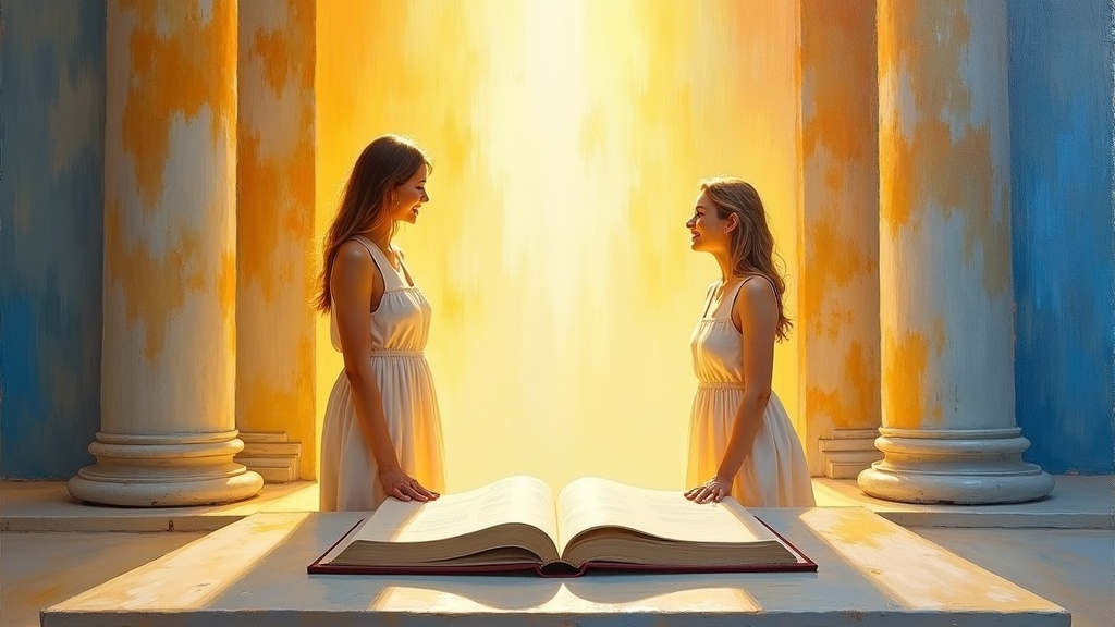 A radiant cathedral-like space of warm white light and marble, where a woman stands facing her deceased friend who appears healthy, young (about 35), and glowing with joy, next to a great architect's table with a huge open book.